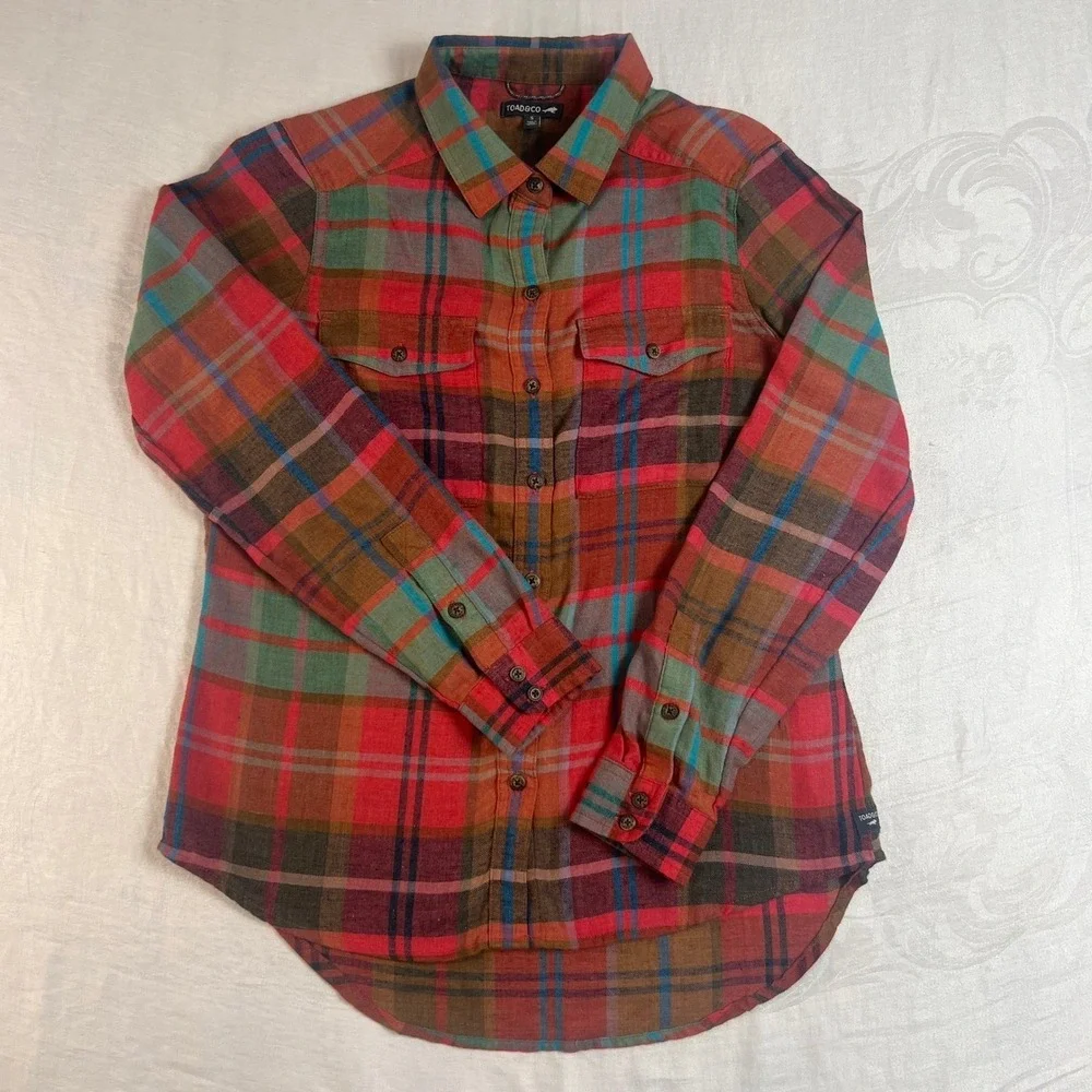 TOAD & CO Flannel Shirt Women's Small Long Sleeve Button Up Plaid Casual Outdoor - Picture 1 of 10